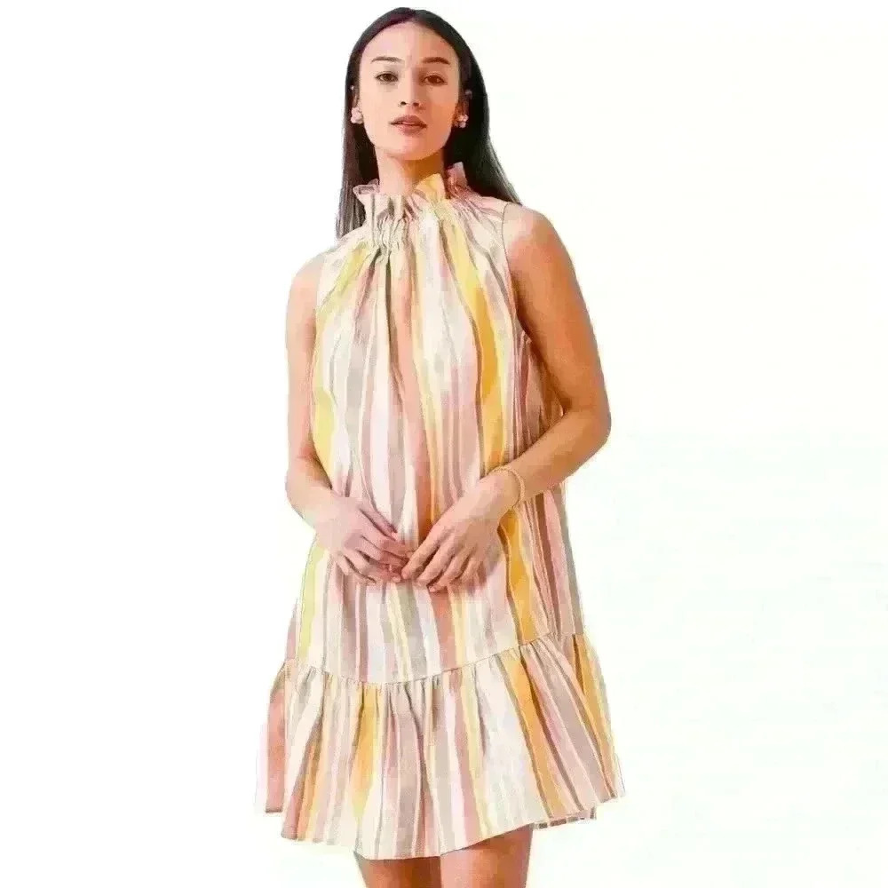 NWT EPHEMERA Women's Garland Striped High Neck Mini Dress Size Medium 100% Linen